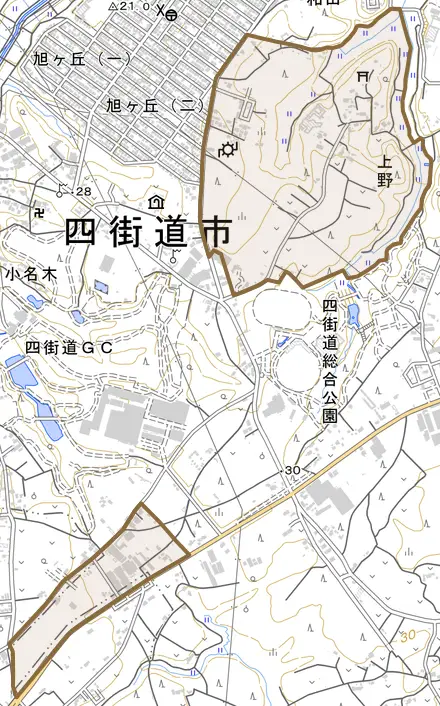 上野とその周辺の地図。町の範囲を重ねている