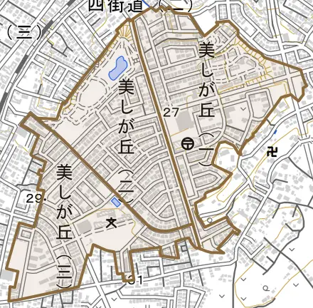 美しが丘とその周辺の地図。町の範囲を重ねている