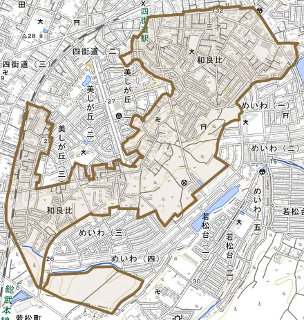和良比とその周辺の地図。町の範囲を重ねている