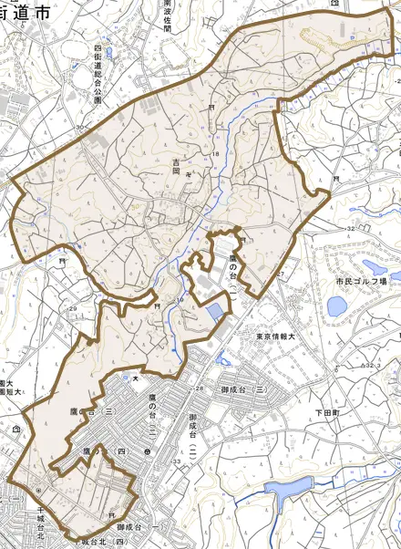 吉岡とその周辺の地図。町の範囲を重ねている