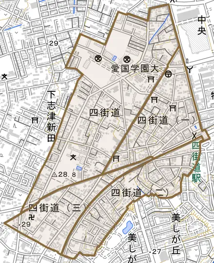 四街道とその周辺の地図。町の範囲を重ねている