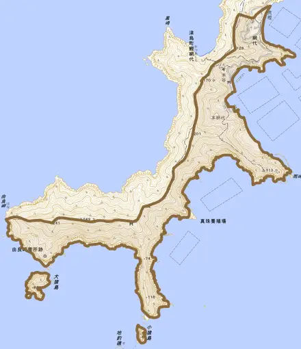 網代とその周辺の地図。町の範囲を重ねている