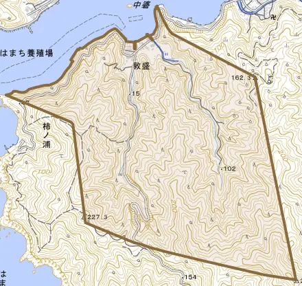 敦盛とその周辺の地図。町の範囲を重ねている
