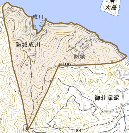 防城成川とその周辺の地図。町の範囲を重ねている
