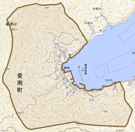 福浦とその周辺の地図。町の範囲を重ねている