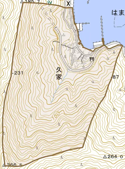 久家とその周辺の地図。町の範囲を重ねている