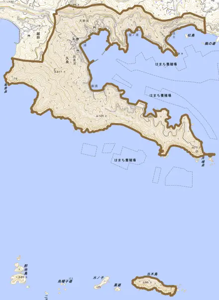 久良とその周辺の地図。町の範囲を重ねている