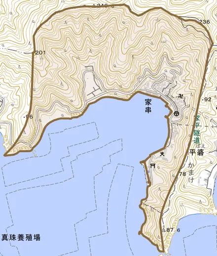 家串とその周辺の地図。町の範囲を重ねている
