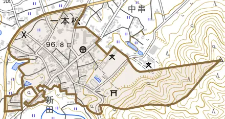 一本松とその周辺の地図。町の範囲を重ねている
