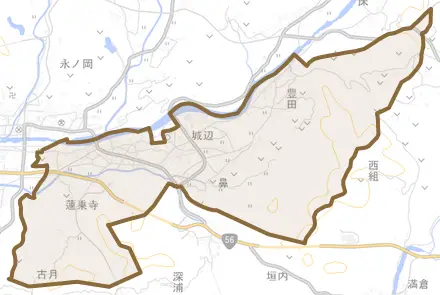 城辺甲とその周辺の地図。町の範囲を重ねている