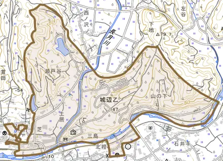 城辺乙とその周辺の地図。町の範囲を重ねている