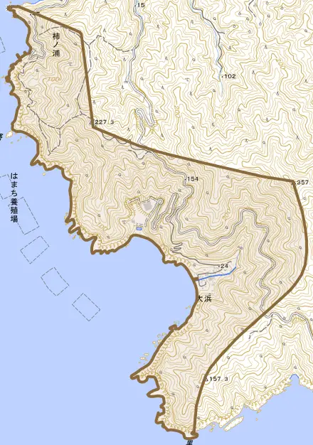 柿ノ浦とその周辺の地図。町の範囲を重ねている