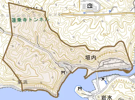 垣内とその周辺の地図。町の範囲を重ねている