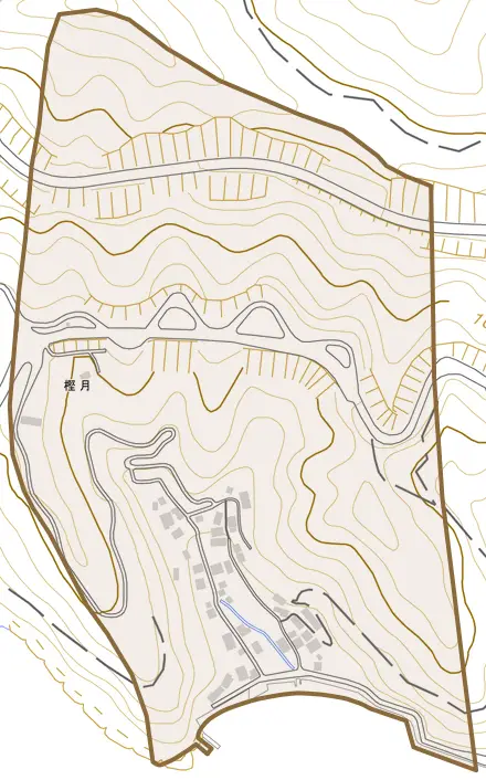 樫月とその周辺の地図。町の範囲を重ねている