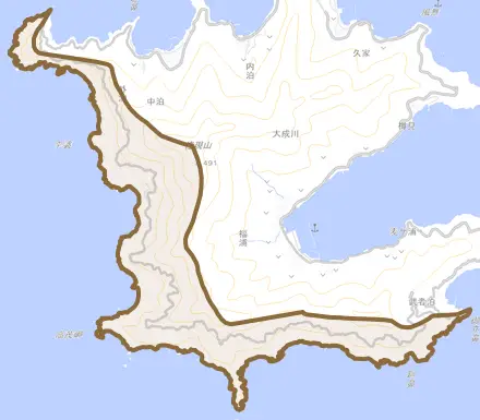 高茂とその周辺の地図。町の範囲を重ねている