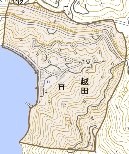 越田とその周辺の地図。町の範囲を重ねている