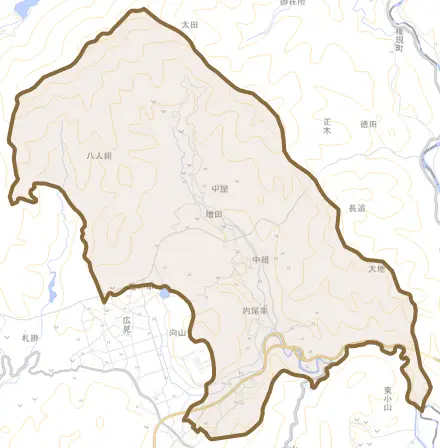 増田とその周辺の地図。町の範囲を重ねている