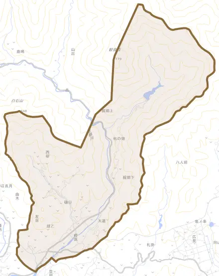 緑甲とその周辺の地図。町の範囲を重ねている
