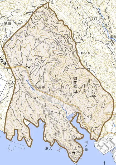御荘平山とその周辺の地図。町の範囲を重ねている