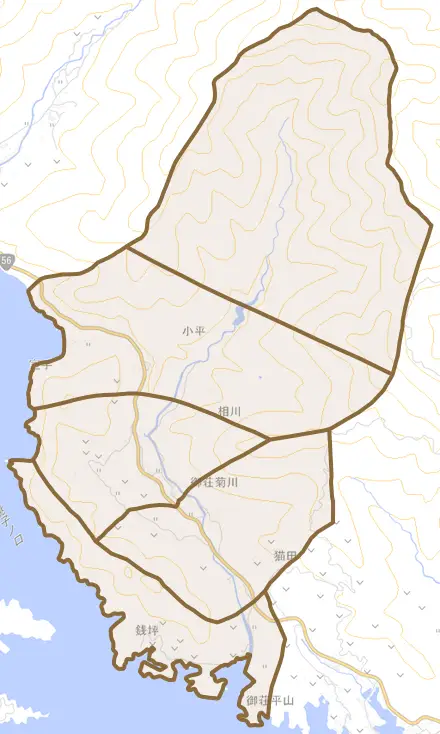 御荘菊川とその周辺の地図。町の範囲を重ねている