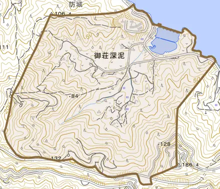 御荘深泥とその周辺の地図。町の範囲を重ねている