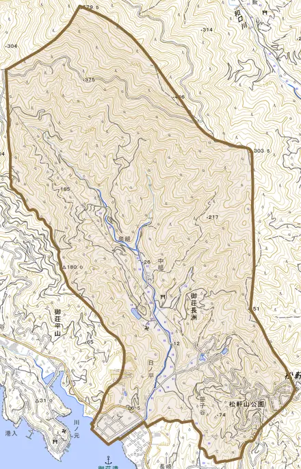 御荘長洲とその周辺の地図。町の範囲を重ねている
