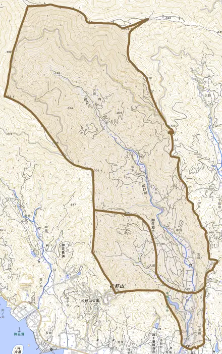 御荘和口とその周辺の地図。町の範囲を重ねている