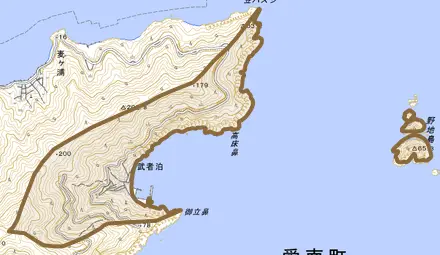 武者泊とその周辺の地図。町の範囲を重ねている