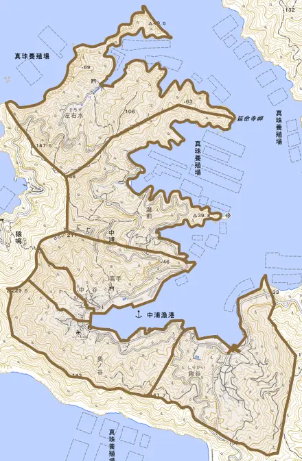 中浦とその周辺の地図。町の範囲を重ねている