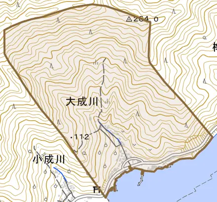 大成川とその周辺の地図。町の範囲を重ねている
