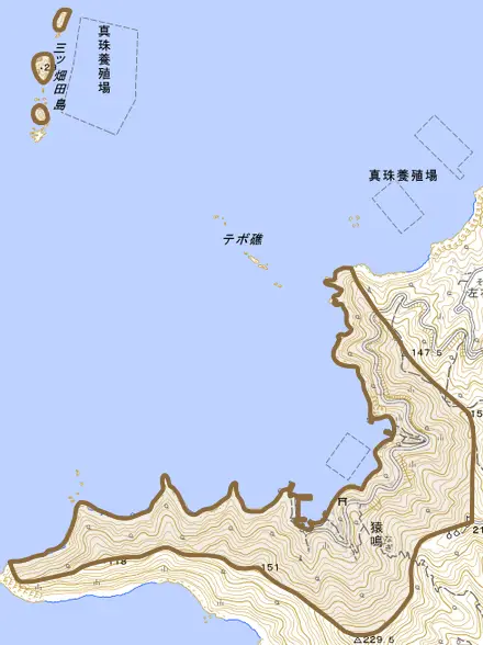 猿鳴とその周辺の地図。町の範囲を重ねている