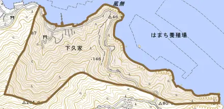 下久家とその周辺の地図。町の範囲を重ねている