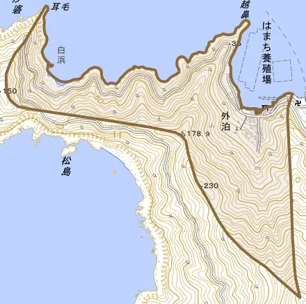 外泊とその周辺の地図。町の範囲を重ねている