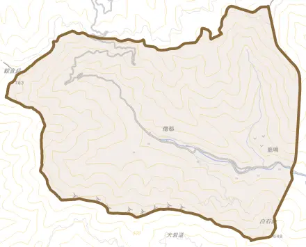僧都とその周辺の地図。町の範囲を重ねている