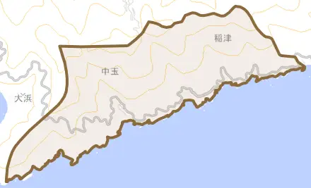 中玉とその周辺の地図。町の範囲を重ねている
