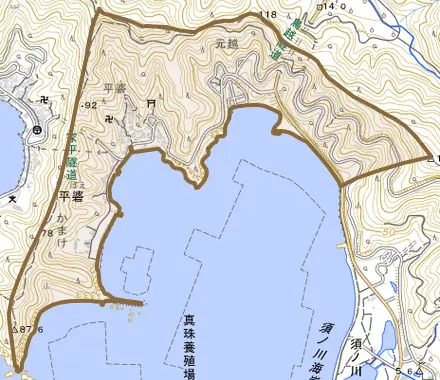 平碆とその周辺の地図。町の範囲を重ねている