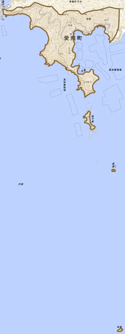 油袋とその周辺の地図。町の範囲を重ねている