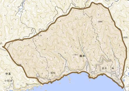 脇本とその周辺の地図。町の範囲を重ねている