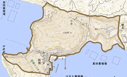 船越とその周辺の地図。町の範囲を重ねている