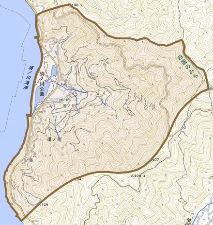 須ノ川とその周辺の地図。町の範囲を重ねている