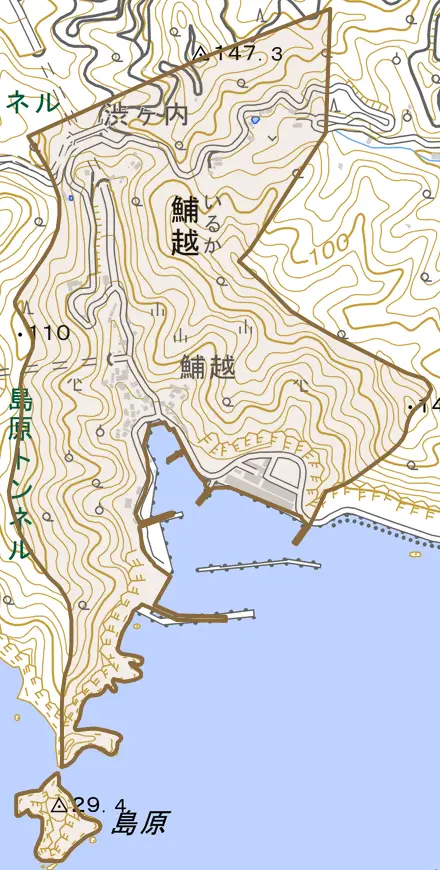 鯆越とその周辺の地図。町の範囲を重ねている