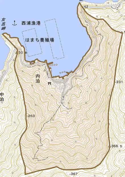 内泊とその周辺の地図。町の範囲を重ねている