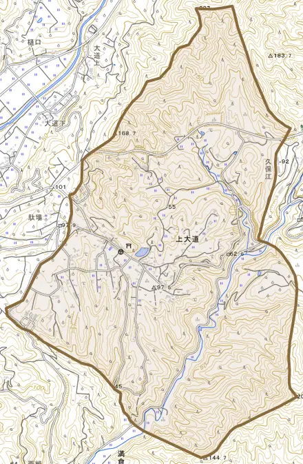 上大道とその周辺の地図。町の範囲を重ねている