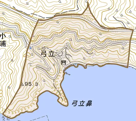 弓立とその周辺の地図。町の範囲を重ねている