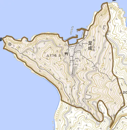 足成とその周辺の地図。町の範囲を重ねている