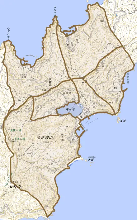 二見とその周辺の地図。町の範囲を重ねている
