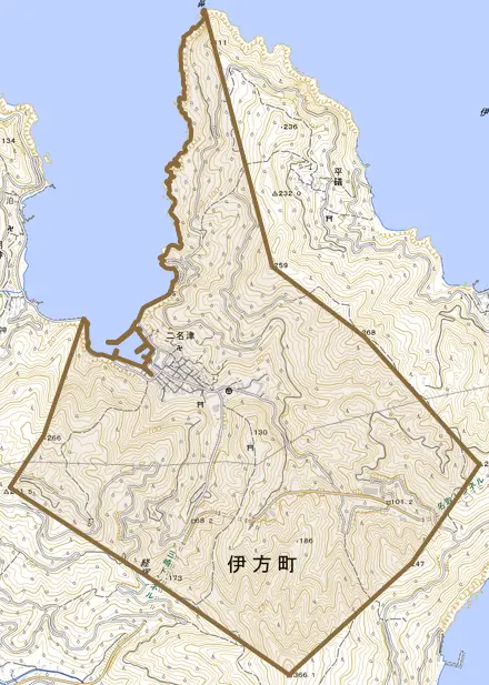 二名津とその周辺の地図。町の範囲を重ねている