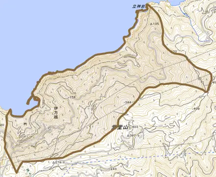伊方越とその周辺の地図。町の範囲を重ねている