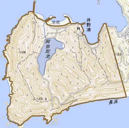 井野浦とその周辺の地図。町の範囲を重ねている