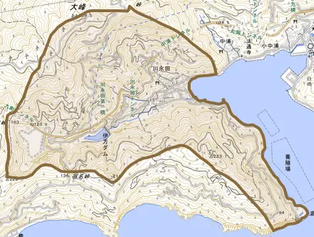 川永田とその周辺の地図。町の範囲を重ねている